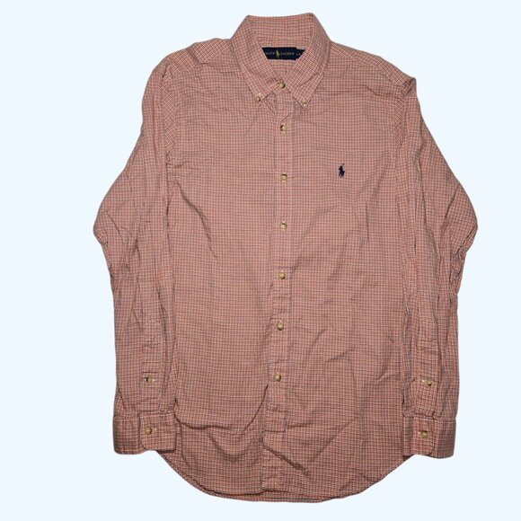Ralph Lauren Oxford Shirt Mens Large Orange White Blue Gingham Check Long Sleeve - Picture 2 of 5